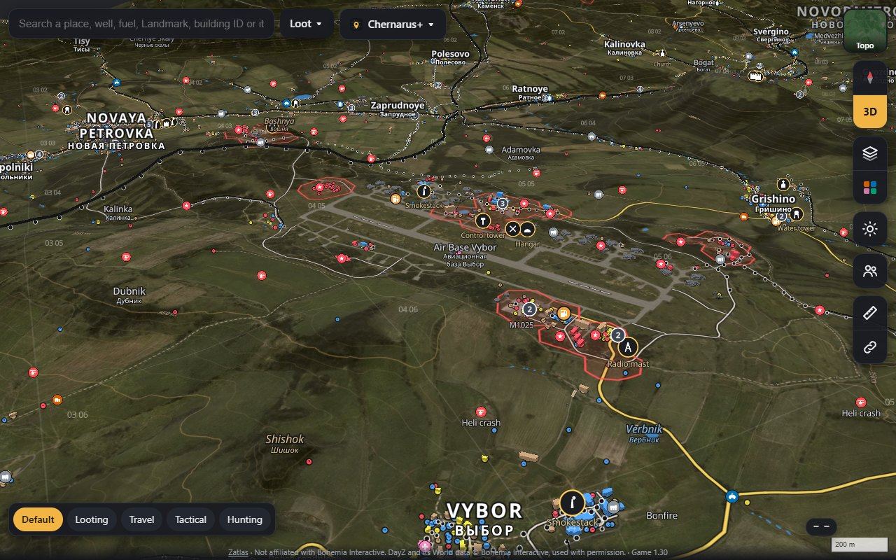 The Vybor air base on Chernarus+ in 3D, with loot dots and Military hot spots